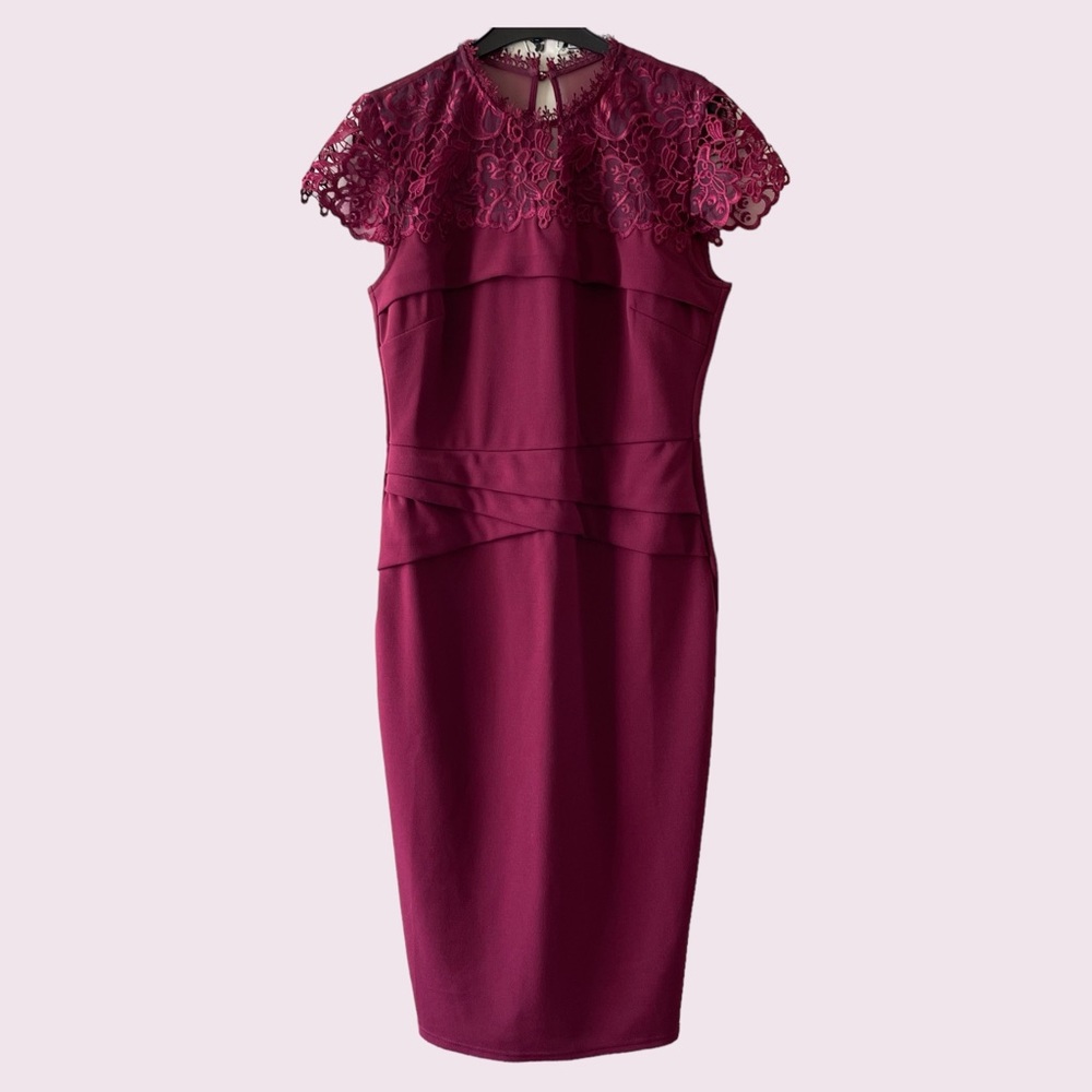 LIPSY Burgundy Insert Lace Midi Dress Size 14 - Picture 1 of 5